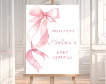 Bearbeitbares Rosa Schleifen-Babyparty-Willkommensschild, Rosa Schleifen-Babyparty-Willkommensschild, Bogen-Themen-Babypartyparty-Schild, BS04