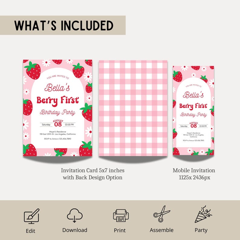 Editable Berry First Birthday Invitation, Strawberry 1st Birthday Girl ...