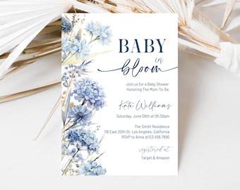 Dusty Blue Baby in Bloom Baby Shower Invitation, Dusty Blue Floral Boy Baby Shower Invite, Baby Boy in Bloom Invite, Blue Baby Shower, BS03