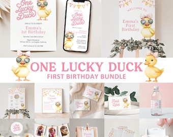 May include: A collection of party supplies with a "One Lucky Duck" theme. Includes invitations, a welcome sign, thank you cards, food labels, and a banner. The design features a yellow duck wearing sunglasses and a pink bow.