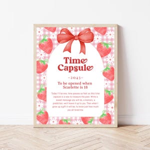 Placa de cápsula do tempo de aniversário de morango, cartão de cápsula do tempo de primeiro aniversário de frutas vermelhas, placa de cápsula do tempo de primeiro aniversário, cápsula do tempo de morango, BD7