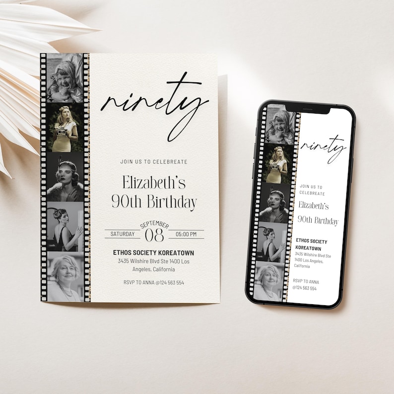 Editable 90th birthday party invitation template with photos.
