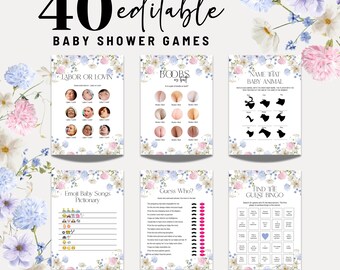 Baby Shower Game Bundle, Baby in Bloom Games, Dusty Blue & Pink Floral Baby Shower Game, Girl Baby Shower Game, Funny Baby Shower Game BBS08