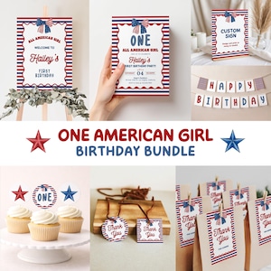 May include: A collection of patriotic-themed party supplies, including invitations, signs, cupcake toppers, and gift bags. The designs feature red, white, and blue colors with stars and bow accents, perfect for a first birthday celebration.