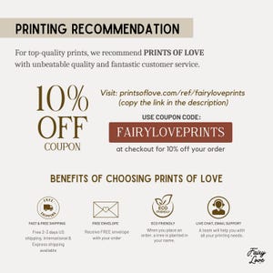 K&ouml;nnte beinhalten: Werbegrafik f&uuml;r "Prints of Love" mit einem 10% Rabatt-Gutschein mit dem Code "FAIRYLOVEPRINTS". Das Bild zeigt Vorteile wie kostenloser Versand, ein kostenloser Umschlag, Umweltfreundlichkeit und Live-Chat-Support.