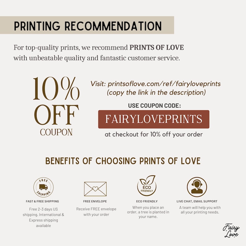 K&ouml;nnte beinhalten: Werbegrafik f&uuml;r "Prints of Love" mit einem 10% Rabatt-Gutschein mit dem Code "FAIRYLOVEPRINTS". Das Bild zeigt Vorteile wie kostenloser Versand, ein kostenloser Umschlag, Umweltfreundlichkeit und Live-Chat-Support.