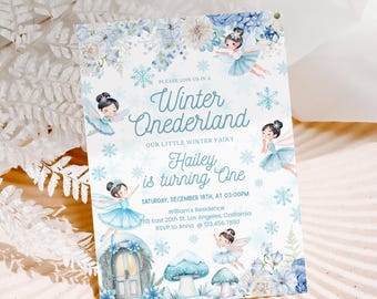 May include: A light blue and white invitation for a "Winter Onederland" themed first birthday party. The invitation features illustrations of fairies, snowflakes, and floral elements. Text includes the name "Hailey", party details, and RSVP information.