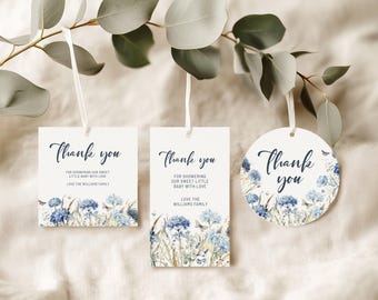 Etiqueta de Agradecimento "Bebê em Flor", Etiqueta Editável Azul Acinzentada para Lembrancinha de Chá de Bebê, Etiqueta para Presente de Chá de Bebê, Decoração para Festa de Chá de Bebê, Etiqueta para Chá de Bebê, BS03