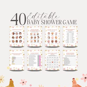 May include: A set of 40 editable baby shower games with floral and chicken illustrations. Games include "Labor or Lovin'," "Baby Bump or Beer Belly," and "Would Mommy Rather?" The text "40 Editable Baby Shower Game" is at the top.