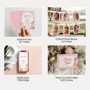 K&ouml;nnte beinhalten: Eine Sammlung von Partyartikeln mit rosa Vichy-Muster. Enth&auml;lt eine Einladungskarte, ein 12-Monats-Fotobanner, eine mobile Einladung und eine Dankeskarte. Die Einladungskarte ist 12,7 x 17,8 cm gro&szlig;.