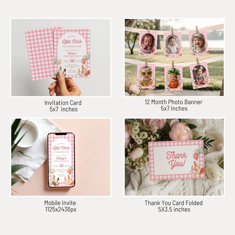 K&ouml;nnte beinhalten: Eine Sammlung von Partyartikeln mit rosa Vichy-Muster. Enth&auml;lt eine Einladungskarte, ein 12-Monats-Fotobanner, eine mobile Einladung und eine Dankeskarte. Die Einladungskarte ist 12,7 x 17,8 cm gro&szlig;.