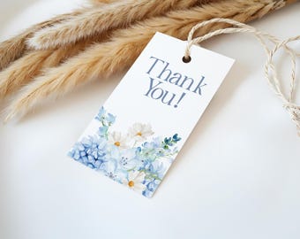 Etiqueta de agradecimento editável, etiqueta de lembrancinha floral azul acinzentado, etiquetas de agradecimento retangulares, etiqueta de presente floral, BS26