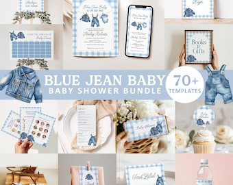 Blue Jean Baby Shower Bundle, Editable Baby Shower Set for Boy, Denim Baby Shower Party Bundle, Clothesline Baby Theme Party, BS36