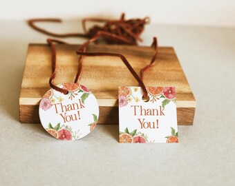 Citrus Favor Tag Editable Orange Baby Shower Thank You Tag Floral Citrus Square Tag, Summer Bright Citrus Baby Shower Round Favor Tag, BS25