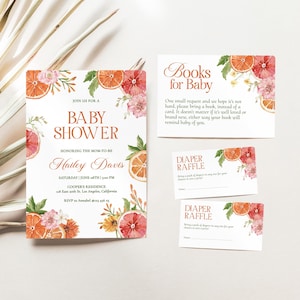 Editable Citrus Baby Shower Invitation Set, Orange Baby Shower Invite, Floral Citrus Baby Brunch, Summer Bright Citrus Baby Party, BS25