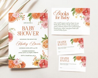 Editable Citrus Baby Shower Invitation Set, Orange Baby Shower Invite, Floral Citrus Baby Brunch, Summer Bright Citrus Baby Party, BS25