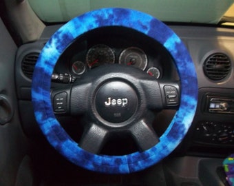 Plush Fleece Steering Wheel Cover, Blue Tie Dye Blotch