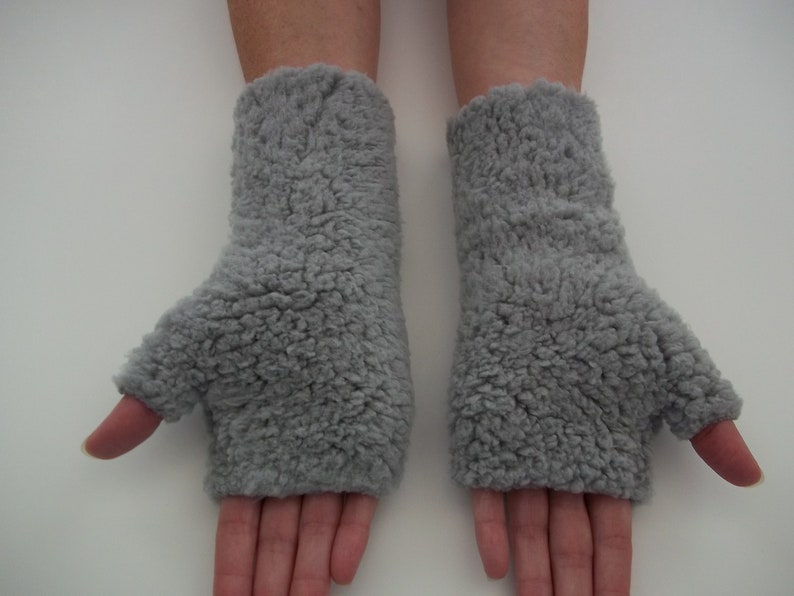 Sherpa Fingerless Gloves, Arm Warmers, Gray image 2
