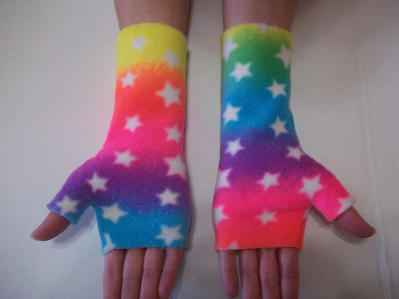 Plush Fleece Fingerless Gloves Neon Rainbow Stars - Etsy