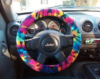 Plush Fleece Steering Wheel Cover, Rainbow Explosion Tie Dye