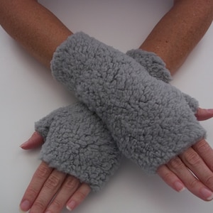 Sherpa Fingerless Gloves, Arm Warmers, Gray image 1