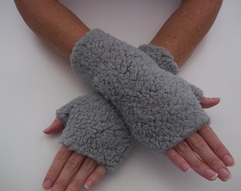 Sherpa Fingerless Gloves, Arm Warmers, Gray