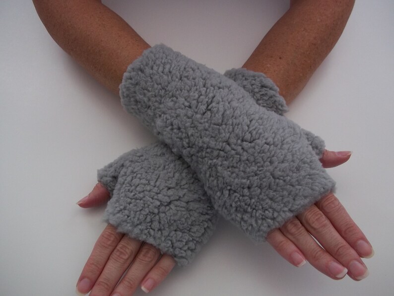 Sherpa Fingerless Gloves, Arm Warmers, Gray image 1