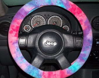 Plush Fleece Steering Wheel Cover, Pink, Purple and Blue Tie Dye