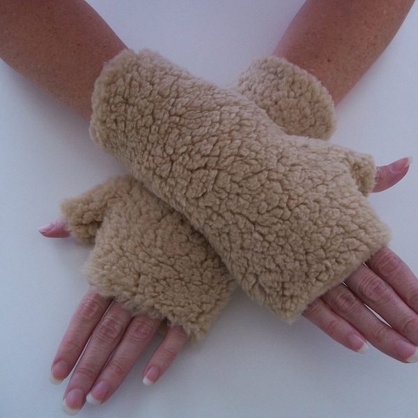 Sherpa Fingerless Gloves, Arm Warmers, Tan