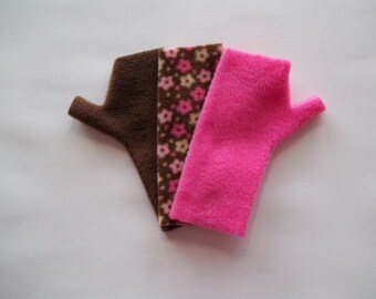 Kid's Fleece Fingerless Gloves, Arm Warmers, DeStash, 3 Pair, Pink with Brown Flowers, Pink  and Brown