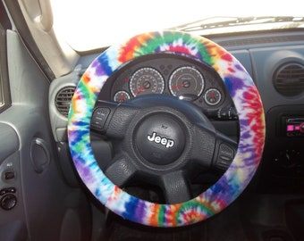 Plush Fleece Steering Wheel Cover, Bright Rainbow Tie Dye Swirl on White