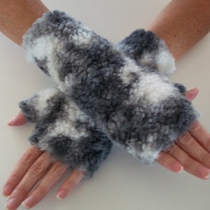 Sherpa Fingerless Gloves, Arm Warmers, Gray and White image 1