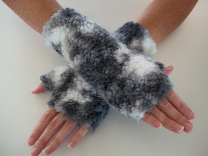 Sherpa Fingerless Gloves, Arm Warmers, Gray and White image 1