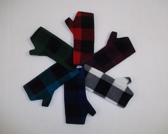 Fleece Fingerless Gloves, Arm Warmers, Buffalo Check, Red, Wine, Green, Blue, Teal, Black and White, Lumberjack