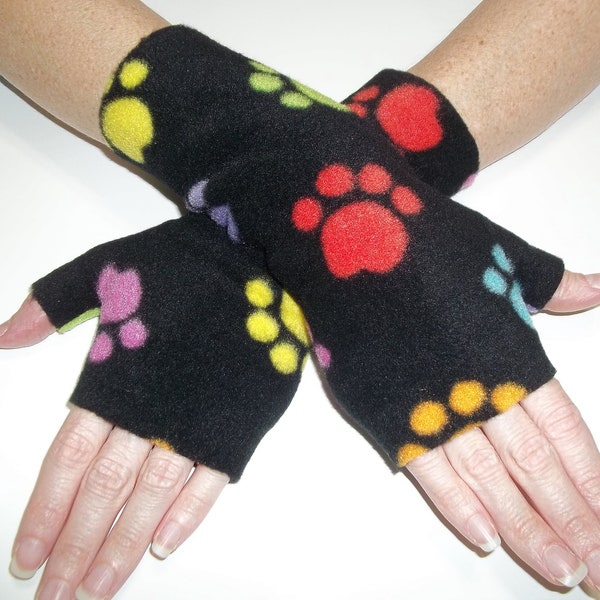 Fleece Fingerless Gloves, Black with Multi Color Paw Prints