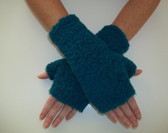 Sherpa Fingerless Gloves, Arm Warmers, Blue, Lagoon Blue