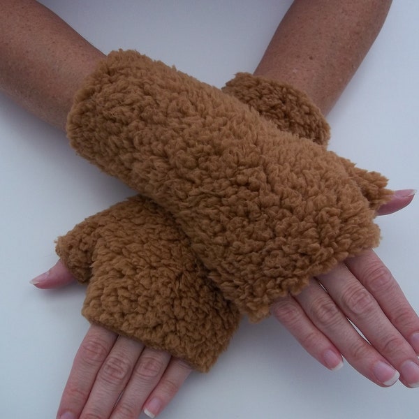 Sherpa Fingerless Gloves, Arm Warmers, Brown, Camel