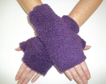 Sherpa Fingerless Gloves, Arm Warmers, Purple