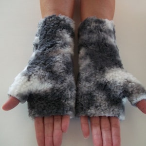 Sherpa Fingerless Gloves, Arm Warmers, Gray and White image 2