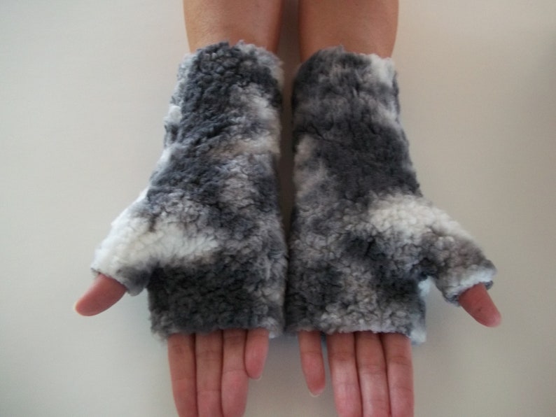 Sherpa Fingerless Gloves, Arm Warmers, Gray and White image 2