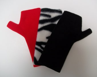 Kid's Fleece Fingerless Gloves, Arm Warmers, DeStash, 3 Pair, Zebra, Red and Black