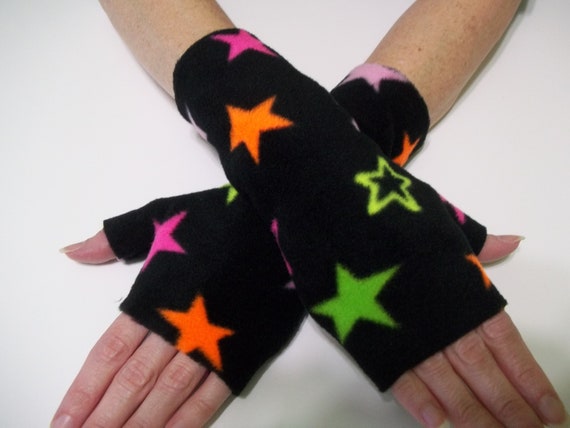 Plush Fleece Fingerless Gloves Neon Stars on Black | Etsy