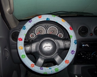 Plush Fleece Steering Wheel Cover, Rainbow Paw Prints and Red Hearts on Gray