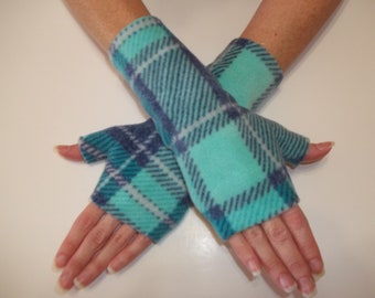 Luxurious Premium Luxe Fleece Fingerless Gloves, Seafoam and Navy Plaid Fleece Fingerless Gloves