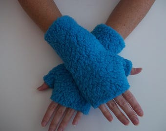 Sherpa Fingerless Gloves, Arm Warmers, Blue