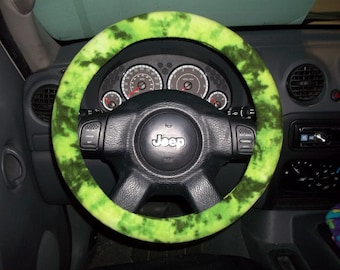 Plush Fleece Steering Wheel Cover,  Green Tie Dye Blotch