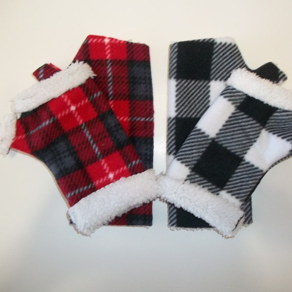 Fingerless Gloves, Fleece Bonded Sherpa Fingerless Gloves,  Arm Warmers, Red and Black Plaid, Black and White Buffalo Check