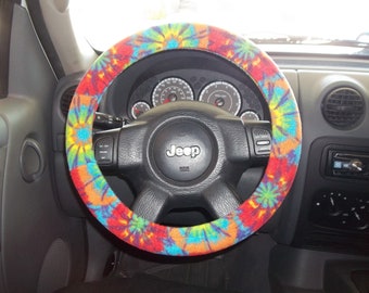 Fleece Steering Wheel Cover, Bright Rainbow Burst Tie Dye