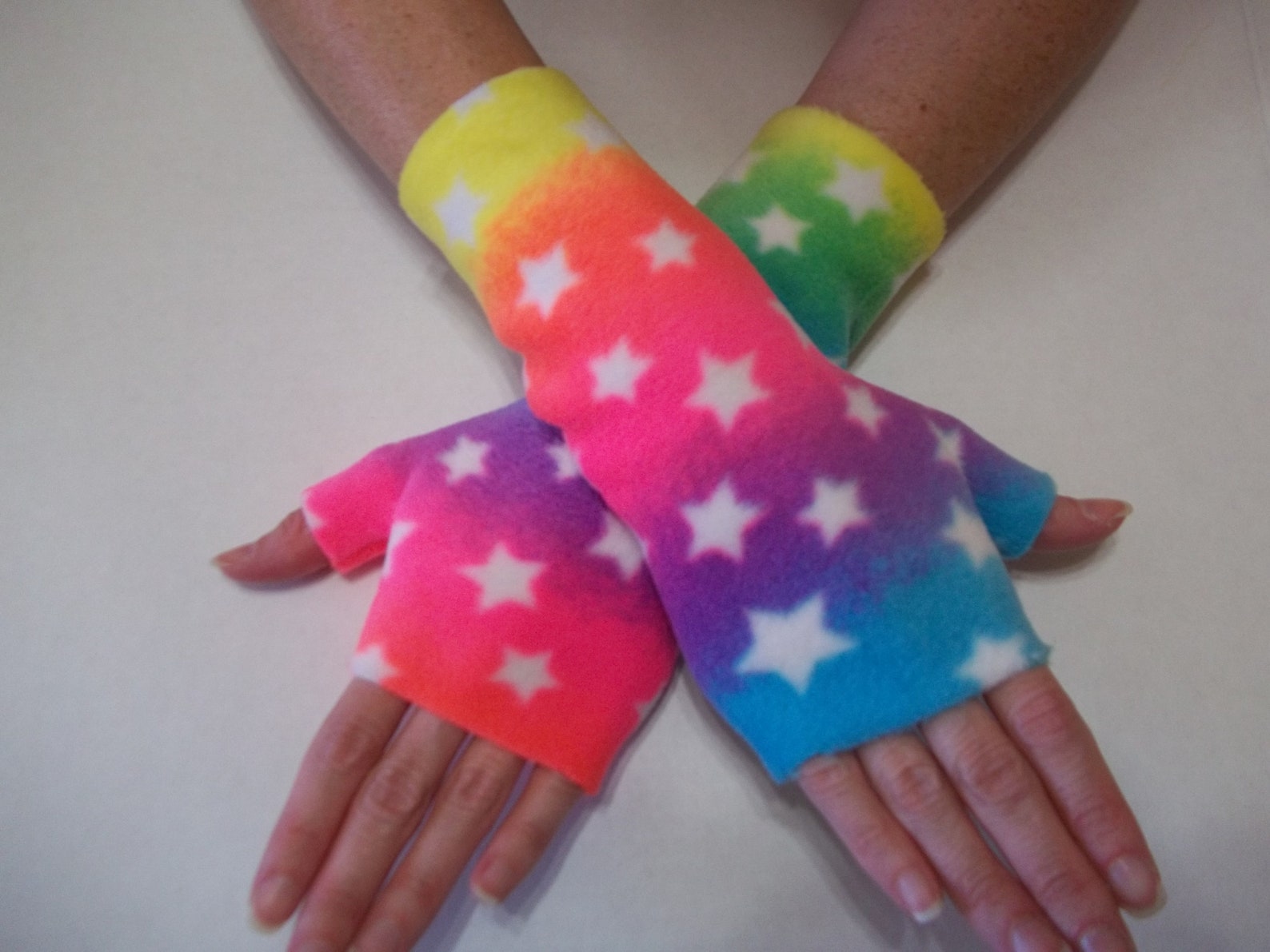 Plush Fleece Fingerless Gloves Neon Rainbow Stars - Etsy