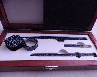 Wood Box,Jeweler or Collector Tool Kit,4 pcs,Tweezers,Grips,Loupe,Black Textured Handles